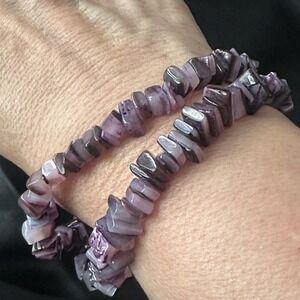 Amethyst Stone Chip Purple Beaded Bracelet Womens 7.5" Barrel Clasp Set Of 2‎